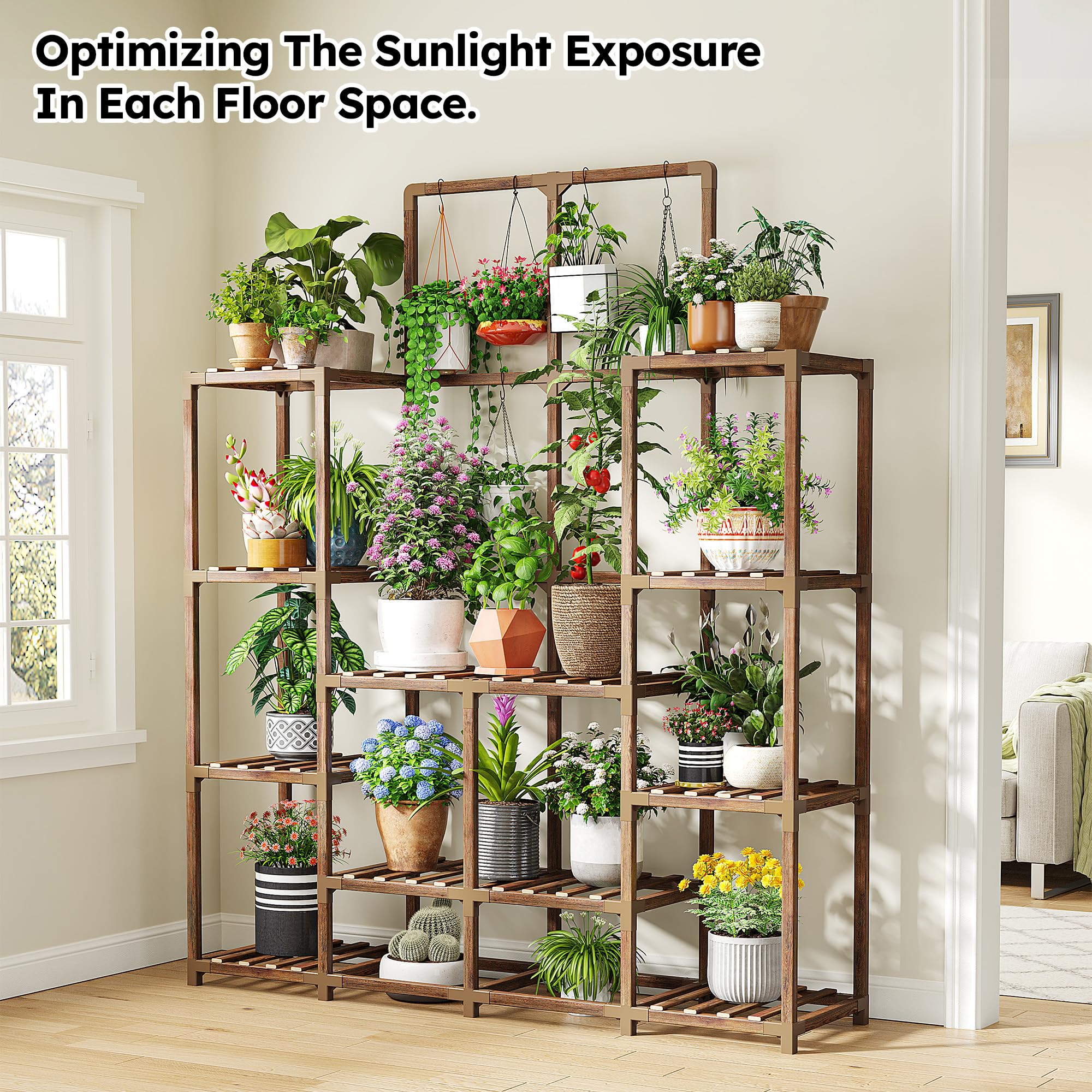 EnHomee plant stand carbonized eucalyptus wood offers weather resistance for indoor outdoor use.