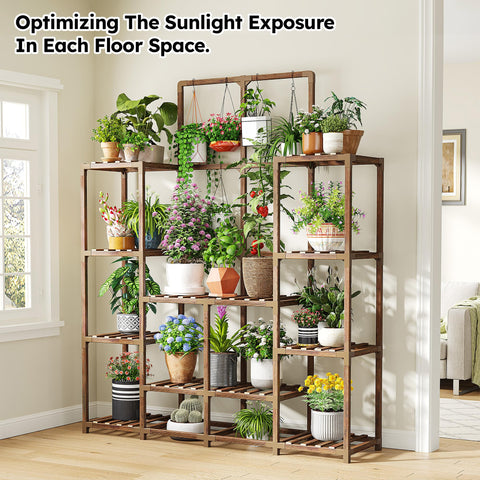 EnHomee plant stand carbonized eucalyptus wood offers weather resistance for indoor outdoor use.