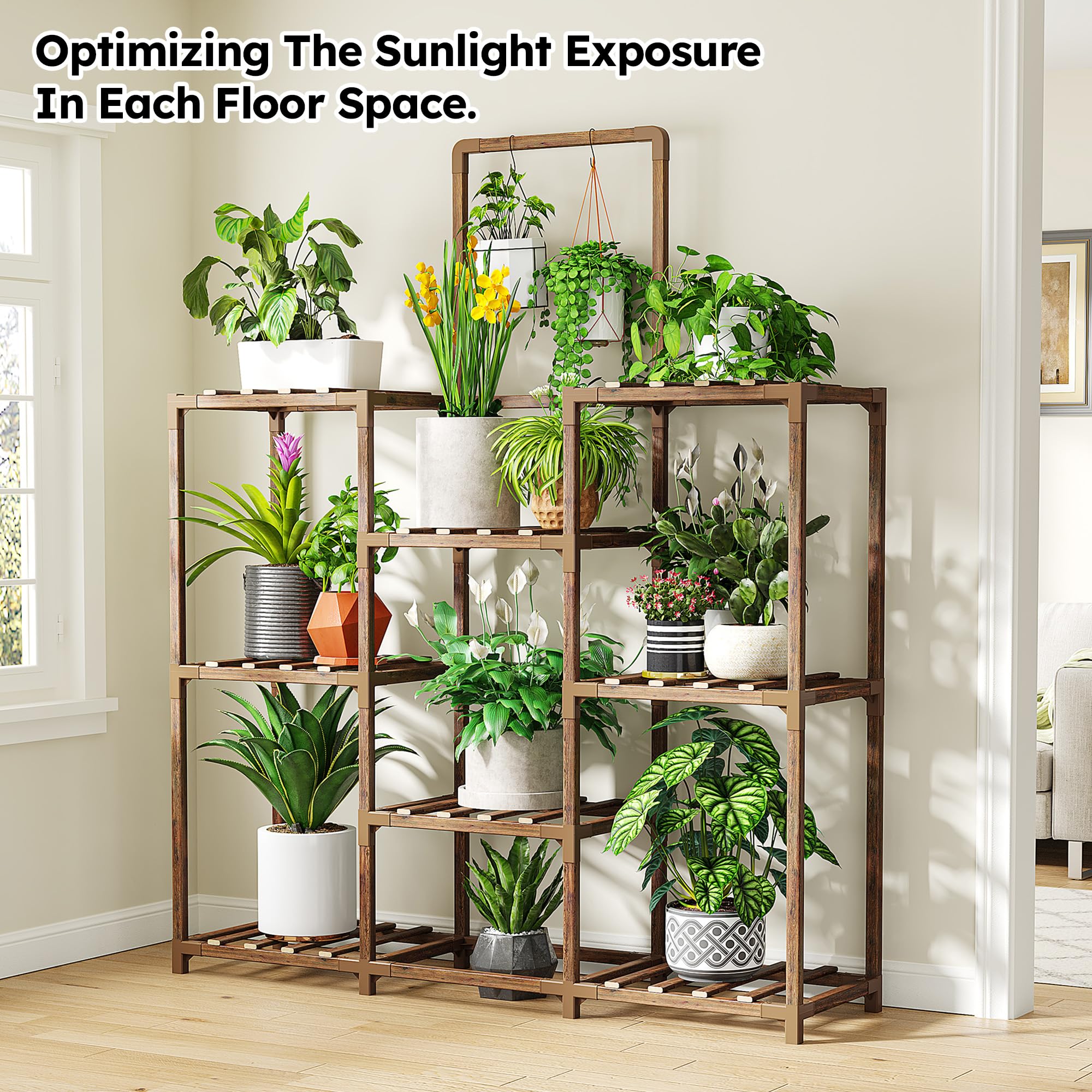 EnHomee carbonized wood stand showing weather-ready outdoor use.