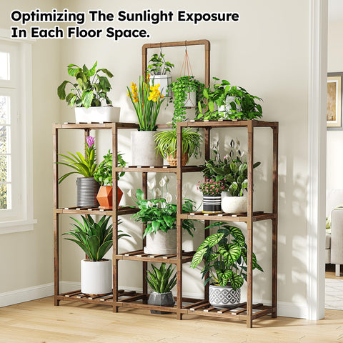 EnHomee carbonized wood stand showing weather-ready outdoor use.