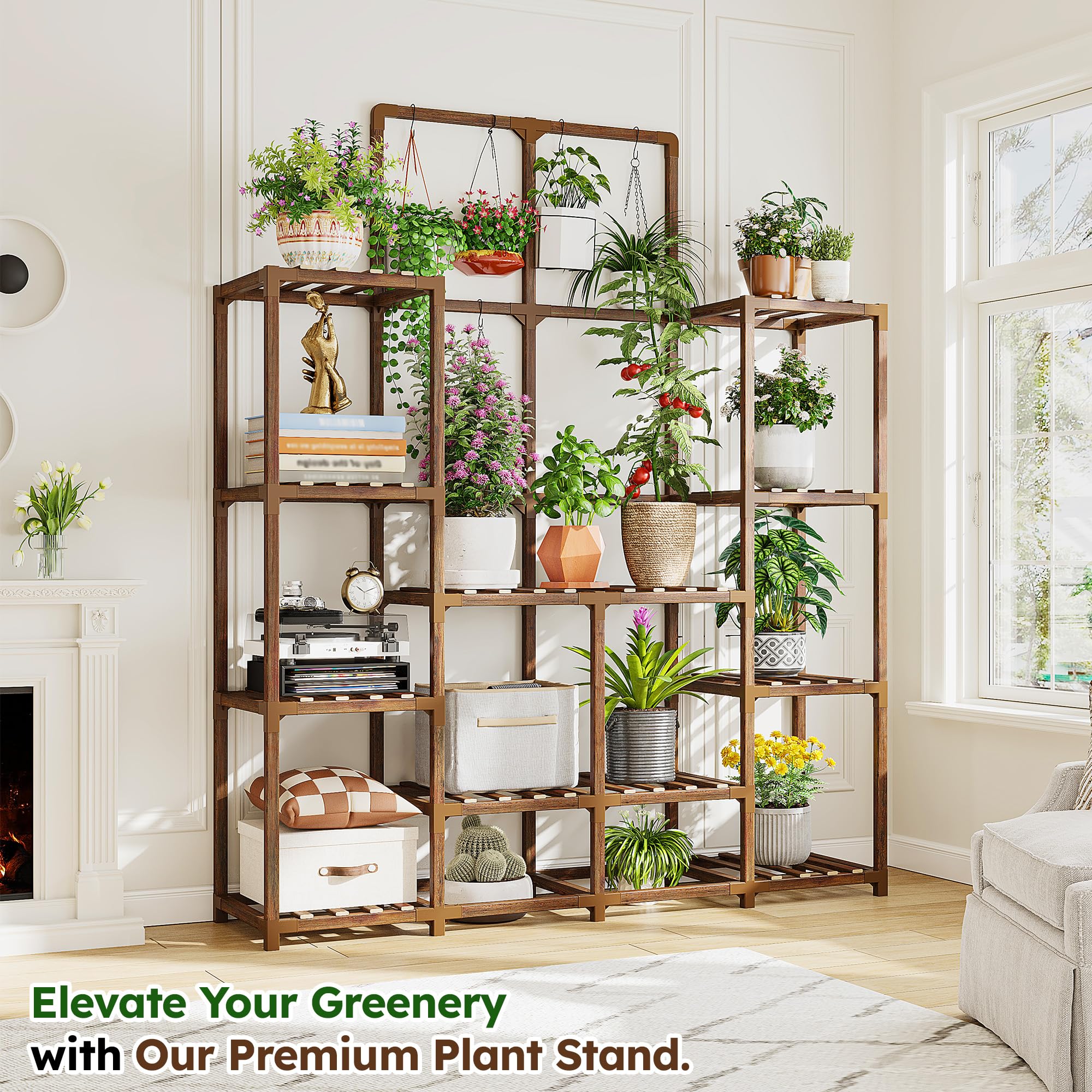 EnHomee plant stand with hanging hooks enables trailing vines to flourish.