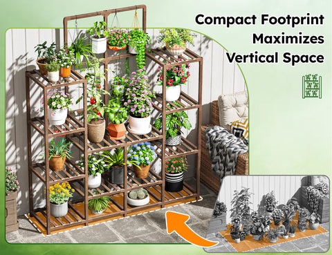 EnHomee plant stand suitable for indoor and outdoor use in various spaces.