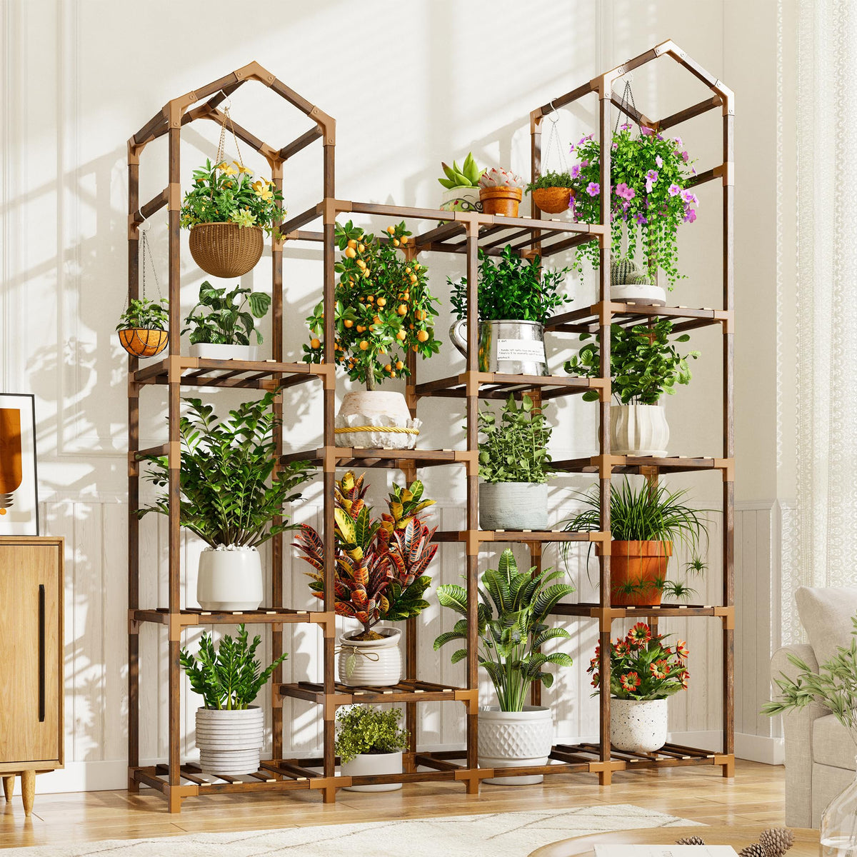 EnHomee plant stand for indoor/outdoor use with a tall, multi-tier display.