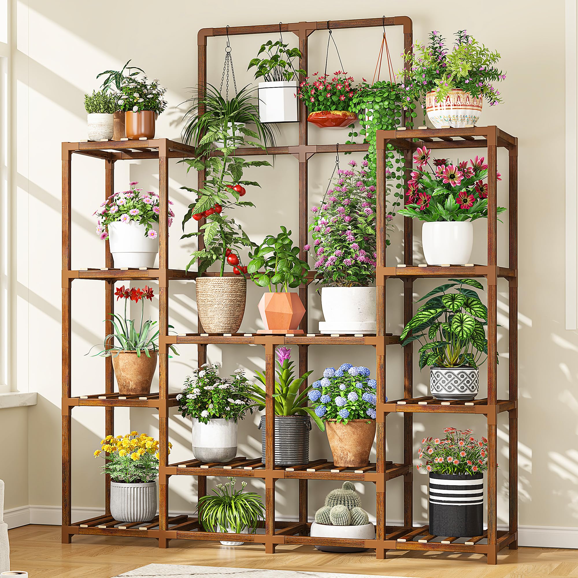 EnHomee plant stand tiered outdoor wood for 16–21 plants allows spacious arrangement.