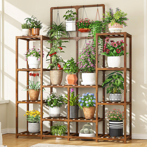 EnHomee plant stand tiered outdoor wood for 16–21 plants allows spacious arrangement.