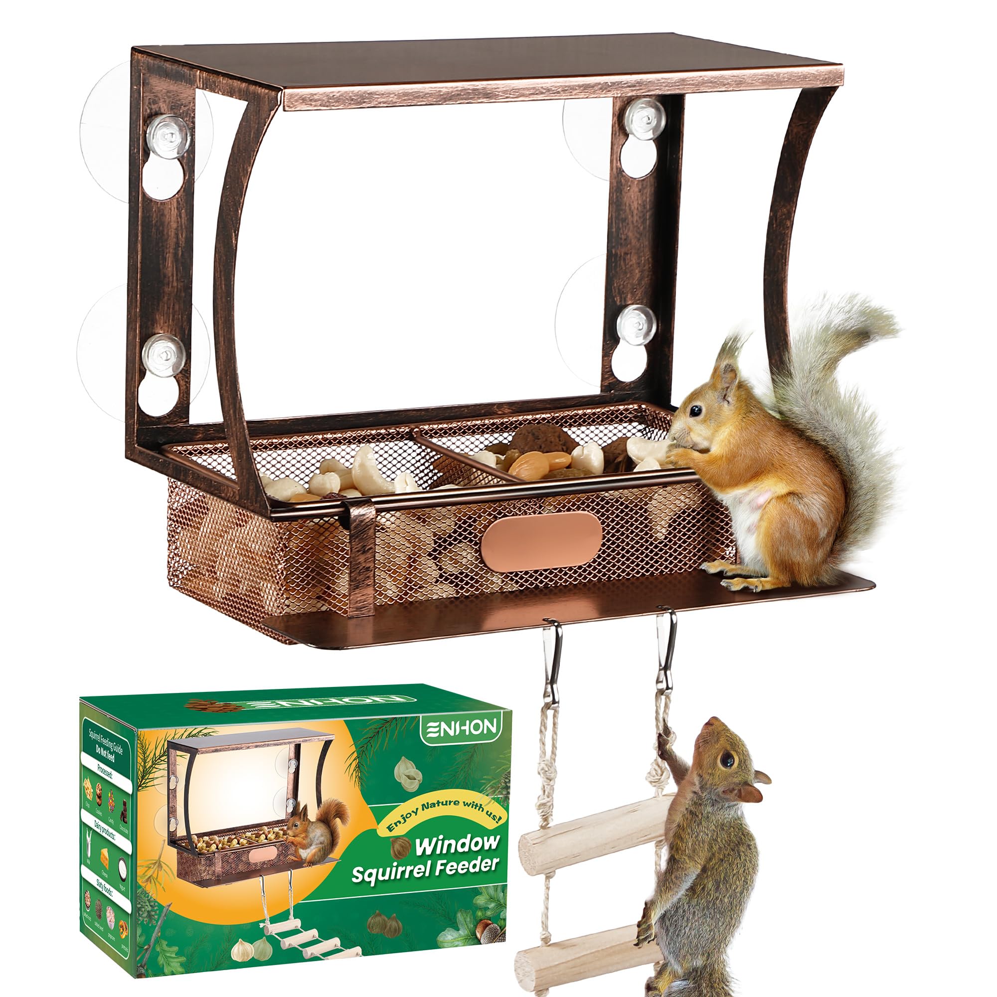 Enhon Window Squirrel Feeder with ladder enables easy outdoor viewing from indoors.