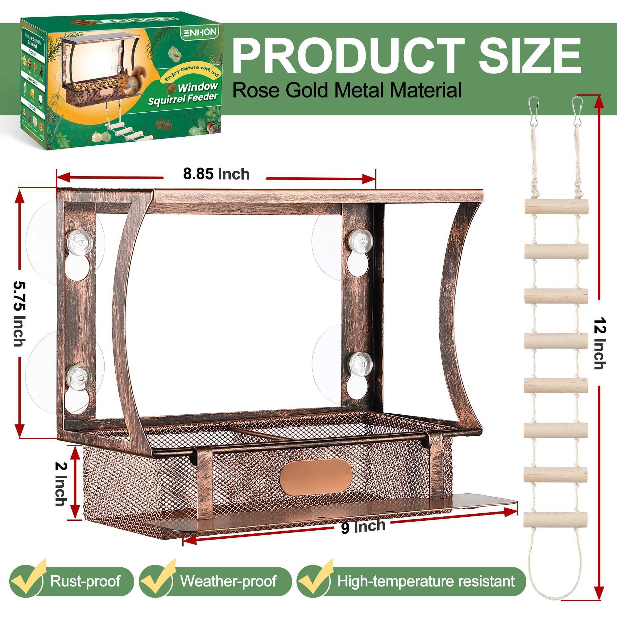 Enhon Window Squirrel Feeder with four suction cups secures to windows.
