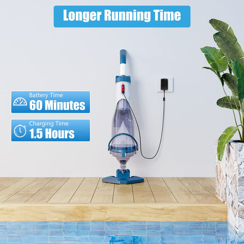 Enhulk pool vacuum fast charge reduces downtime to about 1.5 hours.