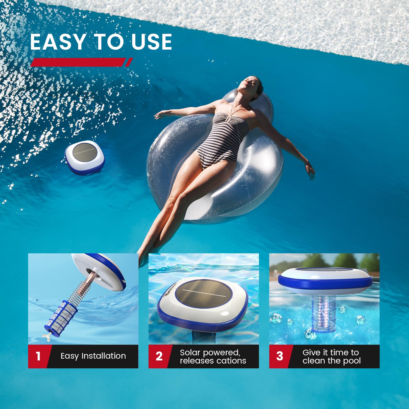 Enhulk float device in use over an above-ground pool for easy maintenance.