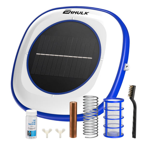Enhulk Solar Pool Ionizer floating device maintains clear water in an outdoor pool.