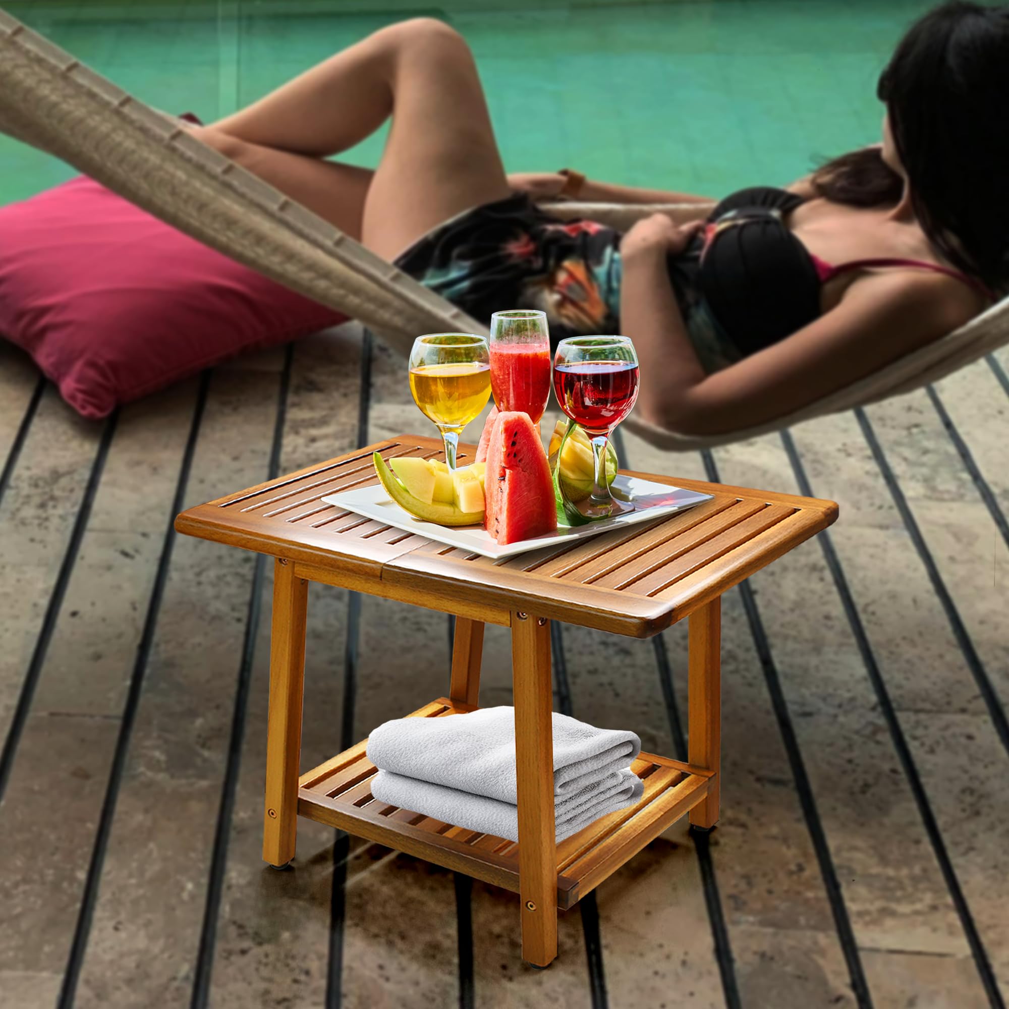 ENKEZI Acacia 24-inch side table two-tier setup adds extra storage outdoors