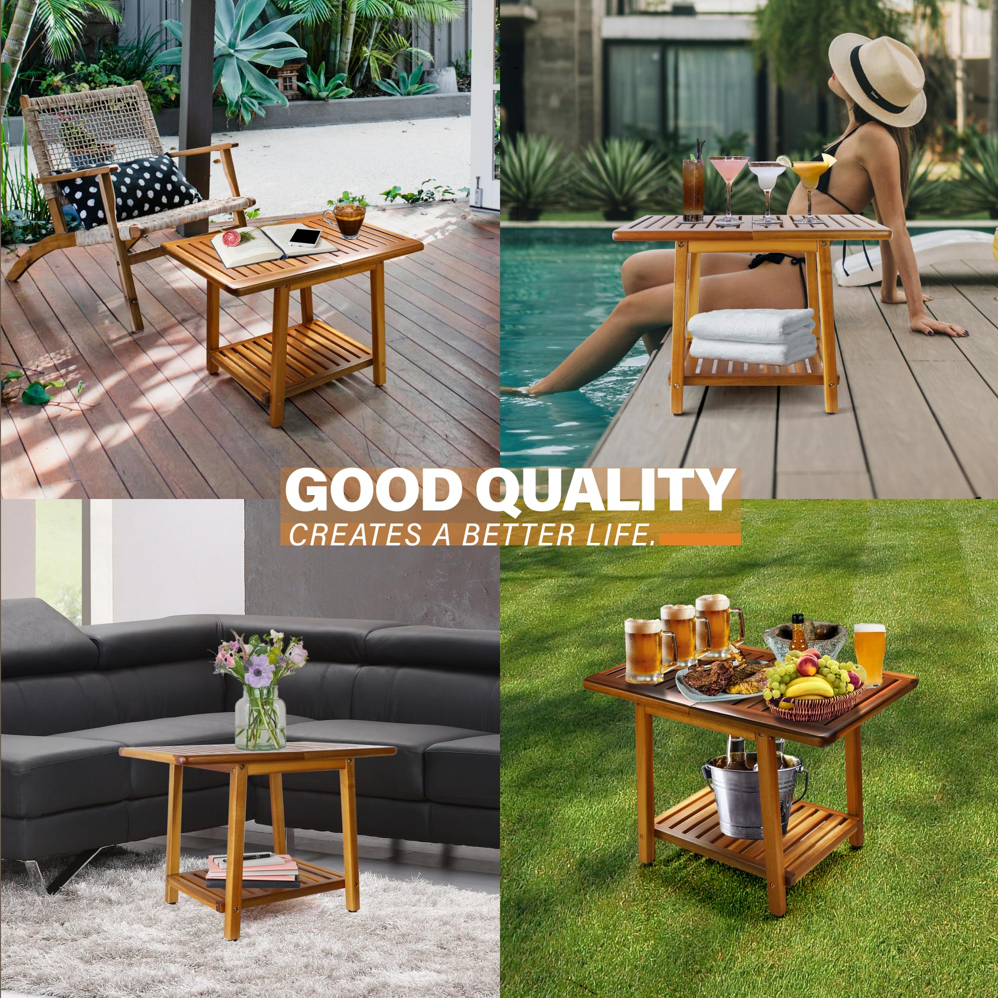 Outdoor end table with ENKEZI Acacia for decor accents and beverages