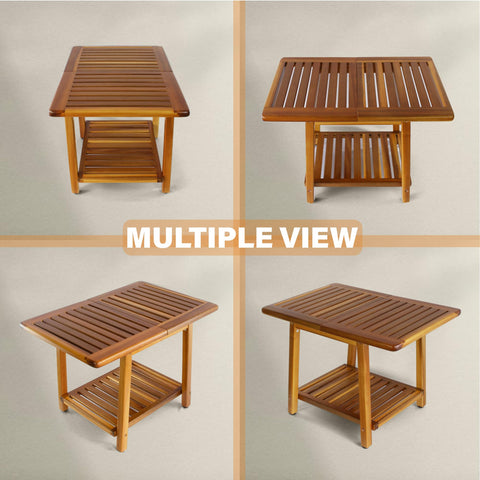 Patio scene with ENKEZI Acacia side table enhancing dining and leisure