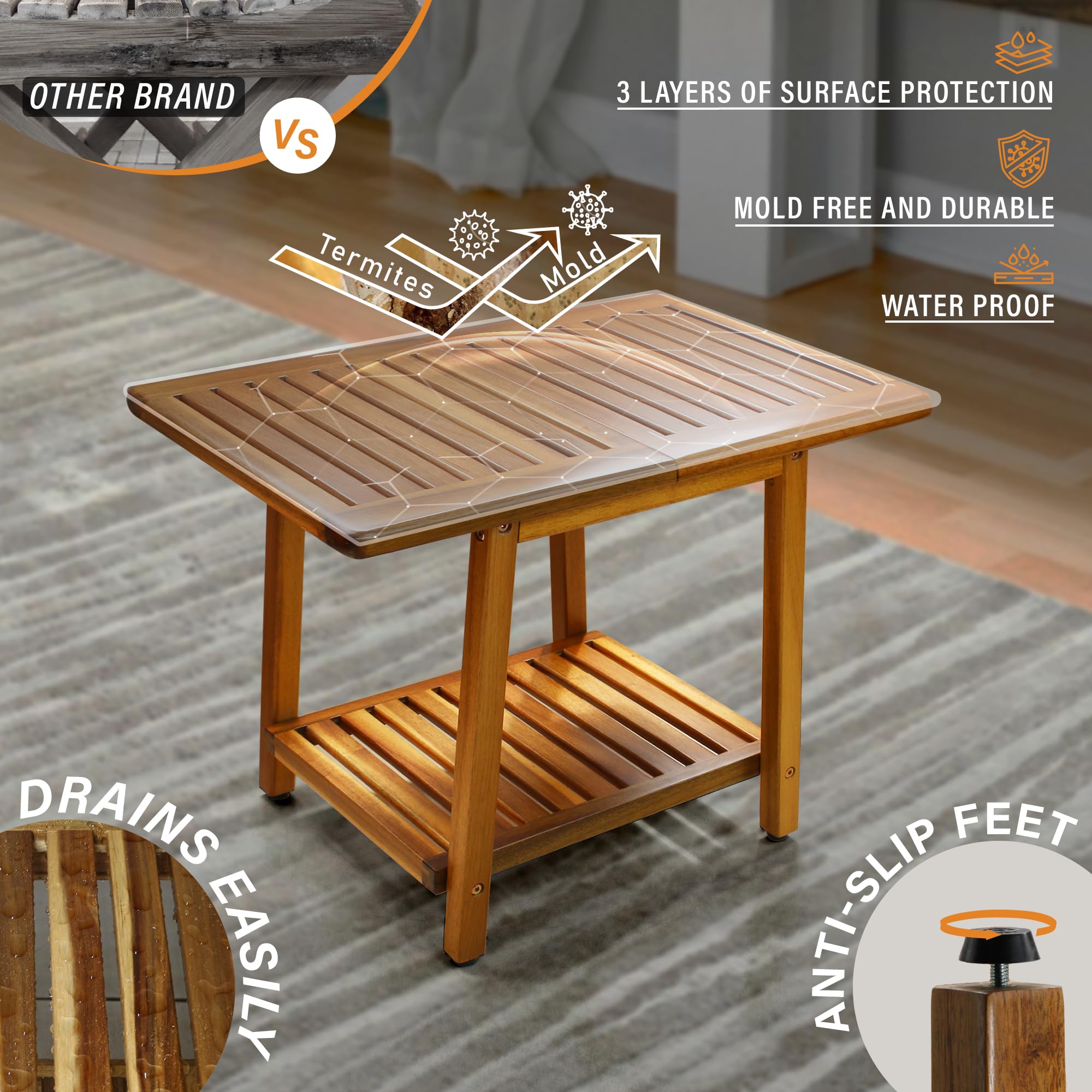 Teak finish detail on ENKEZI Acacia table highlights natural warmth