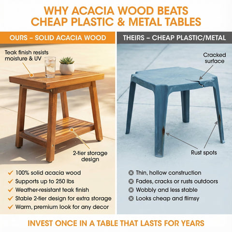 Enkezi small acacia table with stable base for outdoor spaces