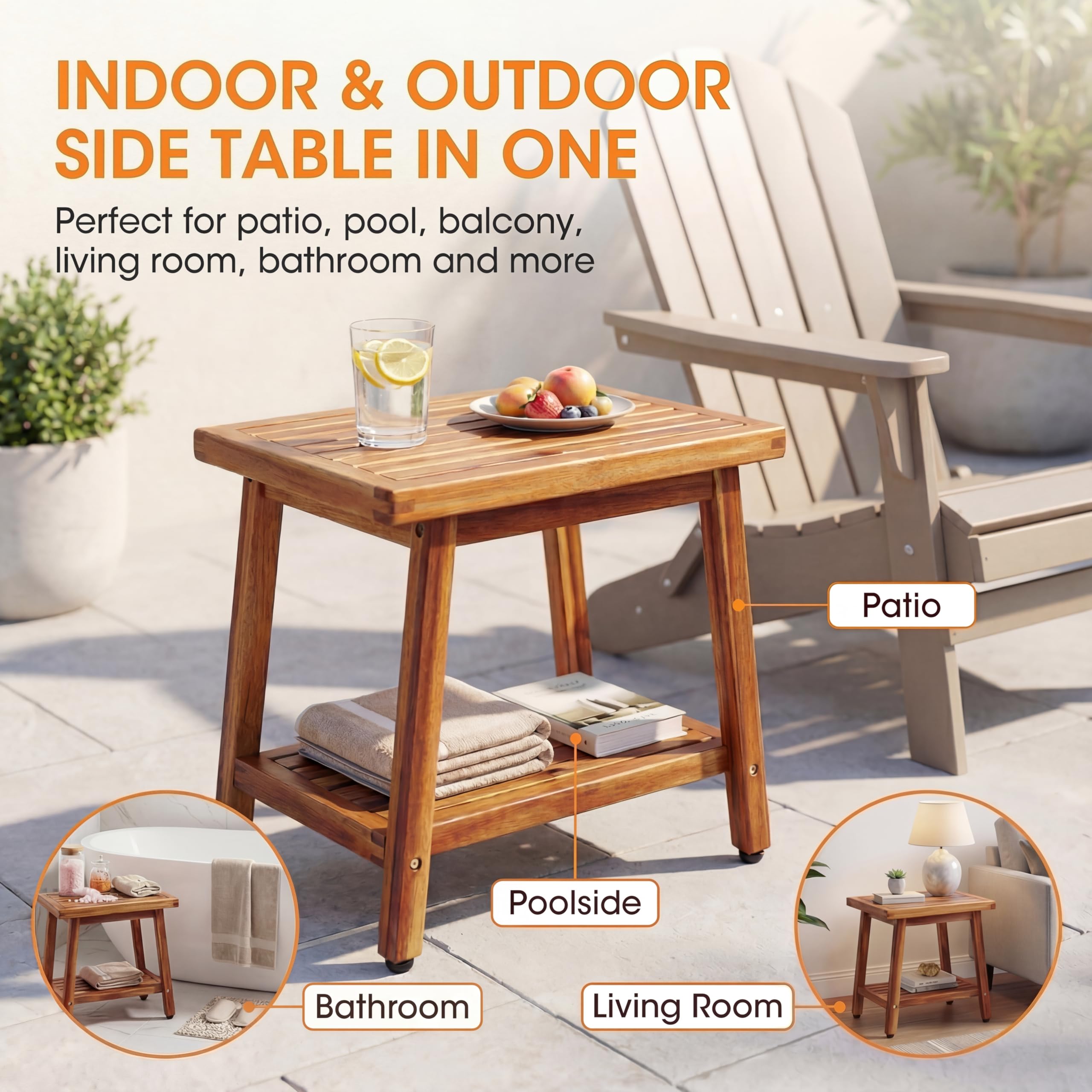 Enkezi acacia wood table showing water drainage for outdoors