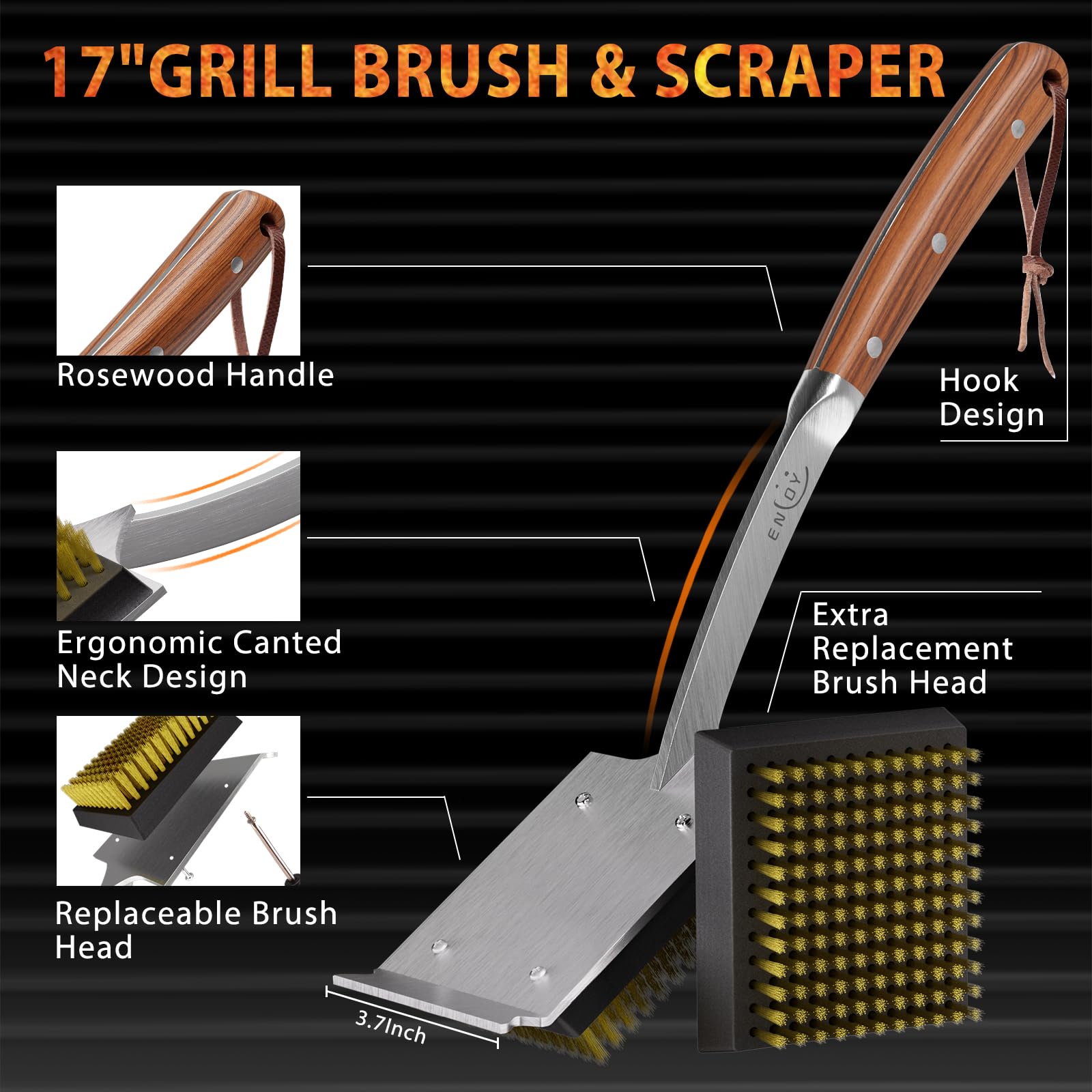 ENLOY 17-inch grill brush for extended reach and thorough scrubbing