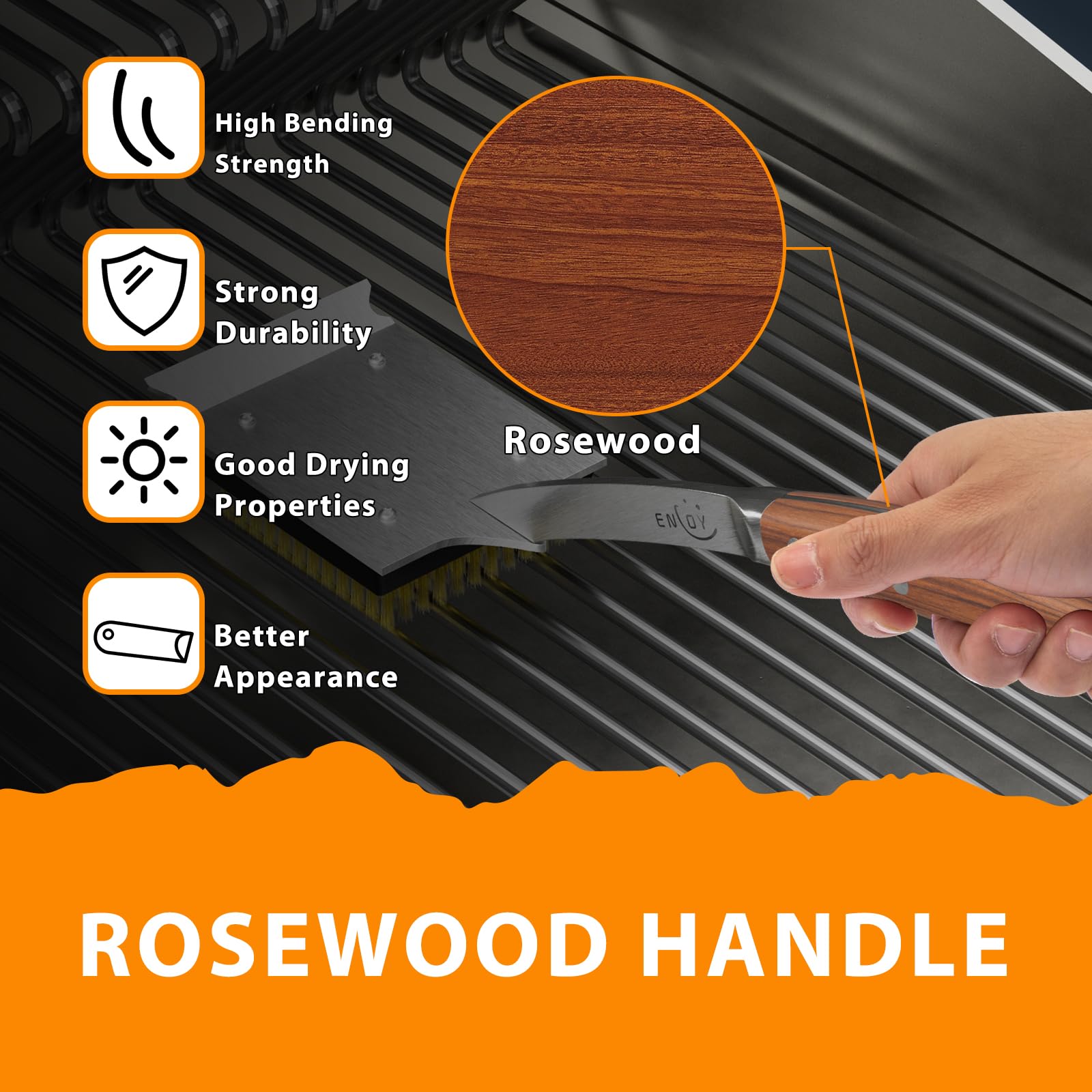 ENLOY front scraper for easy residue removal on the grill surface