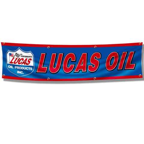 ENMOON Oil Flag Banner 2x8ft displayed in a garage for durable decor