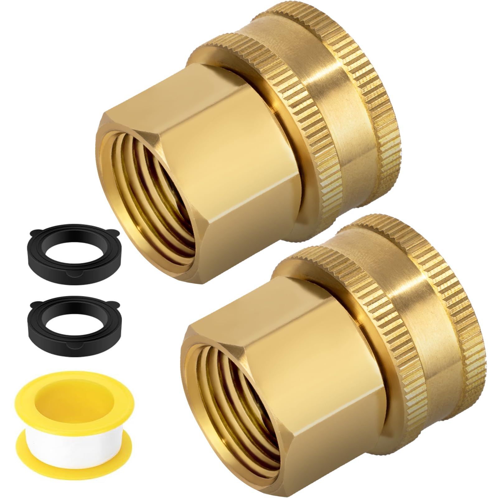 Enoch's Land brass hose adapter swivel closeup for quick, tangle-free connections.