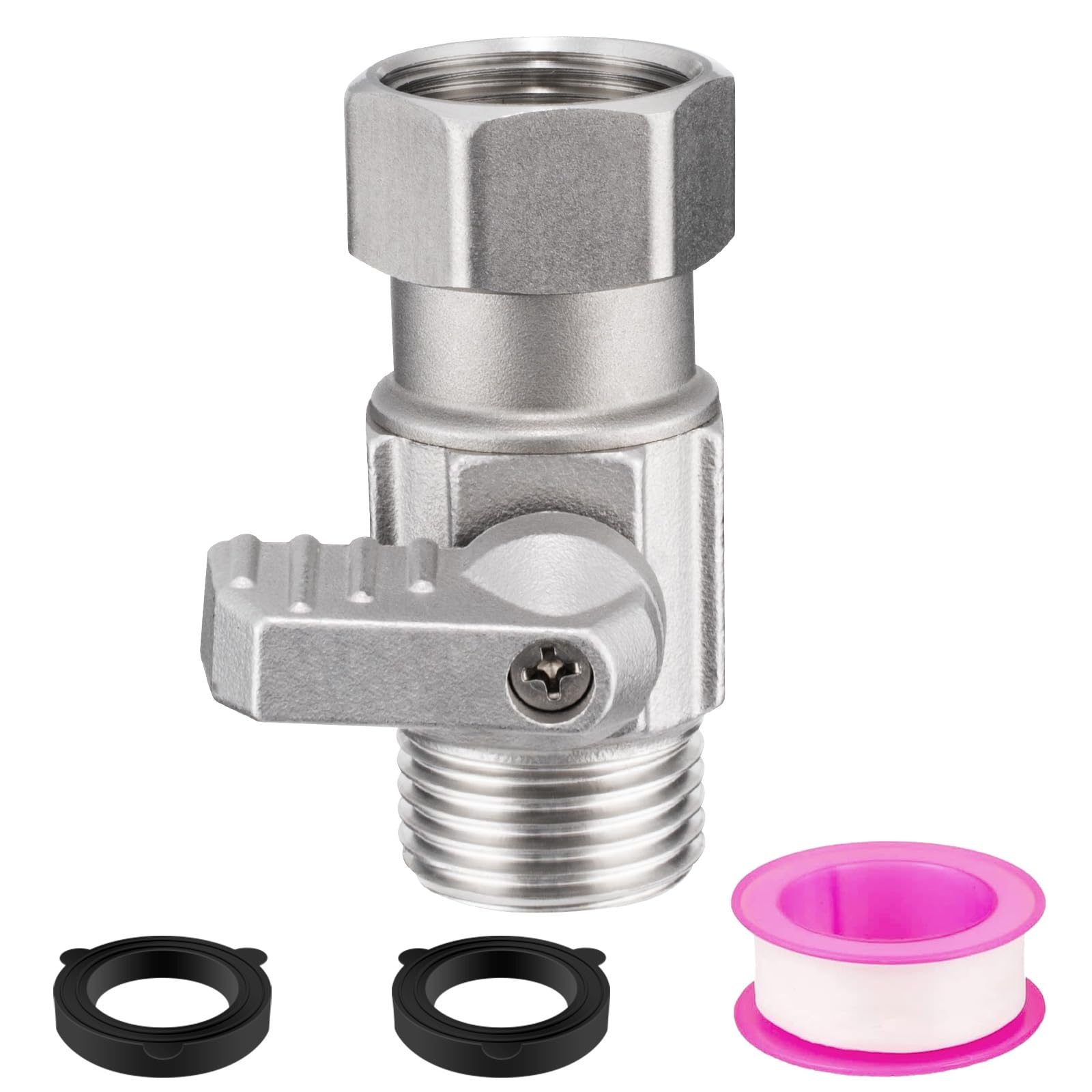Enoch's Land garden hose shut-off valve assembly enables easy on/off control.