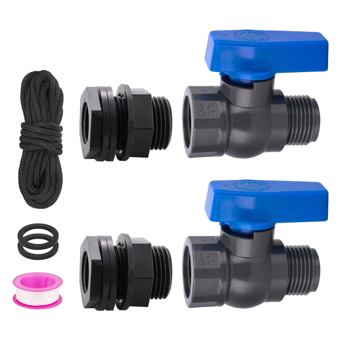 Enoch's Land rain barrel spigot kit ready for outdoor setup with garden hose.