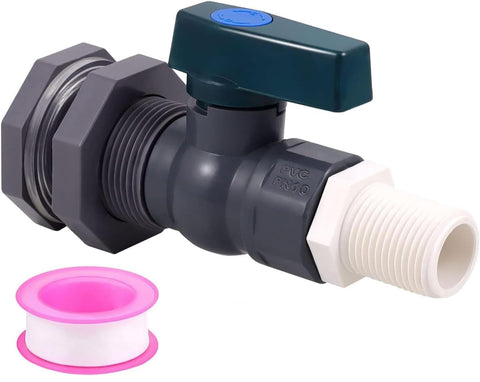 Enoch's Land rain barrel spigot kit closeup showing smooth full-bore PVC flow