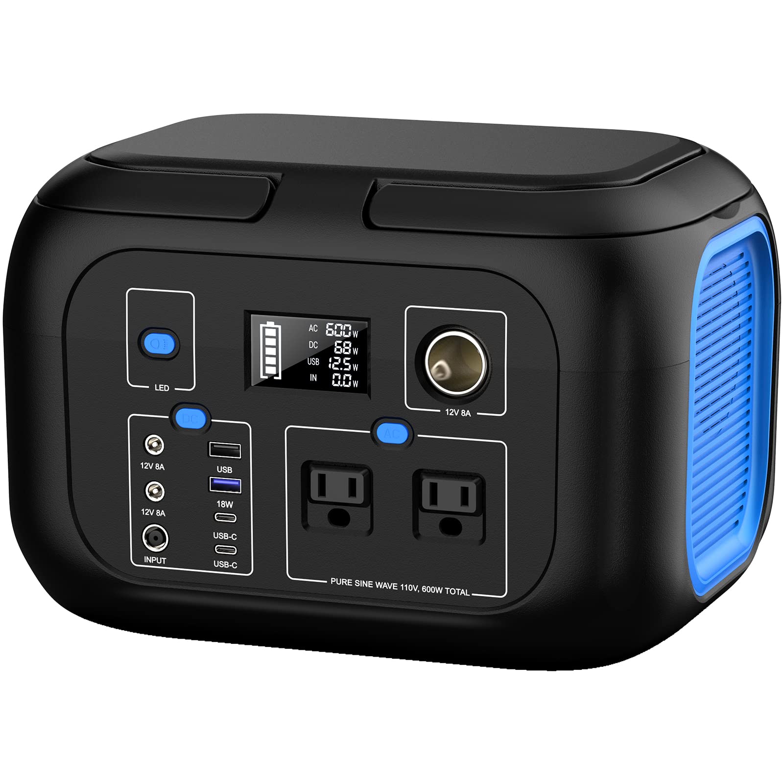 ENOFLO 600W power station front view powering home backup devices during outages.