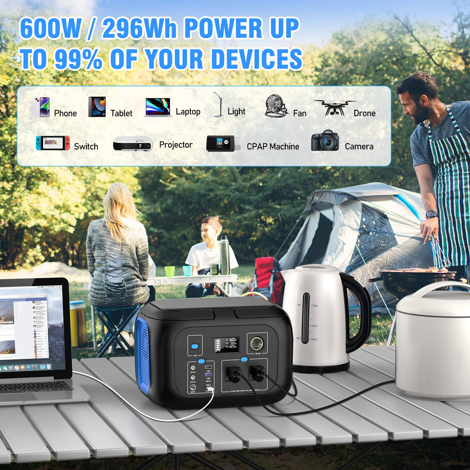 ENOFLO 600W LED light provides emergency illumination during camping.