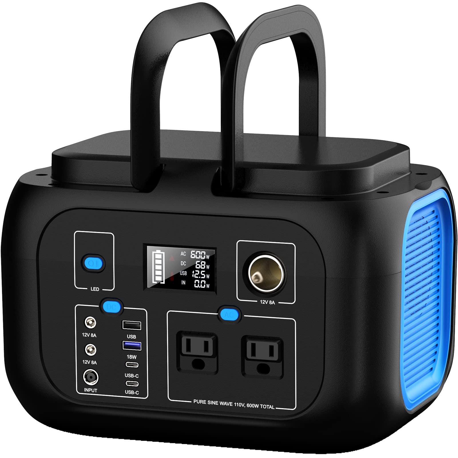 ENOFLO 600W power station side view showcasing compact portability for camping trips.