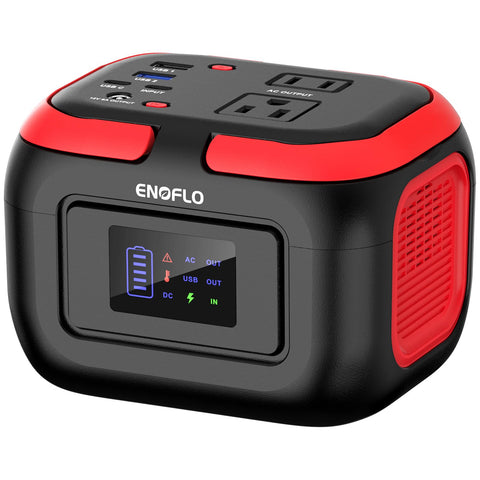 ENOFLO portable power station with compact design and hidden handle for easy transport.