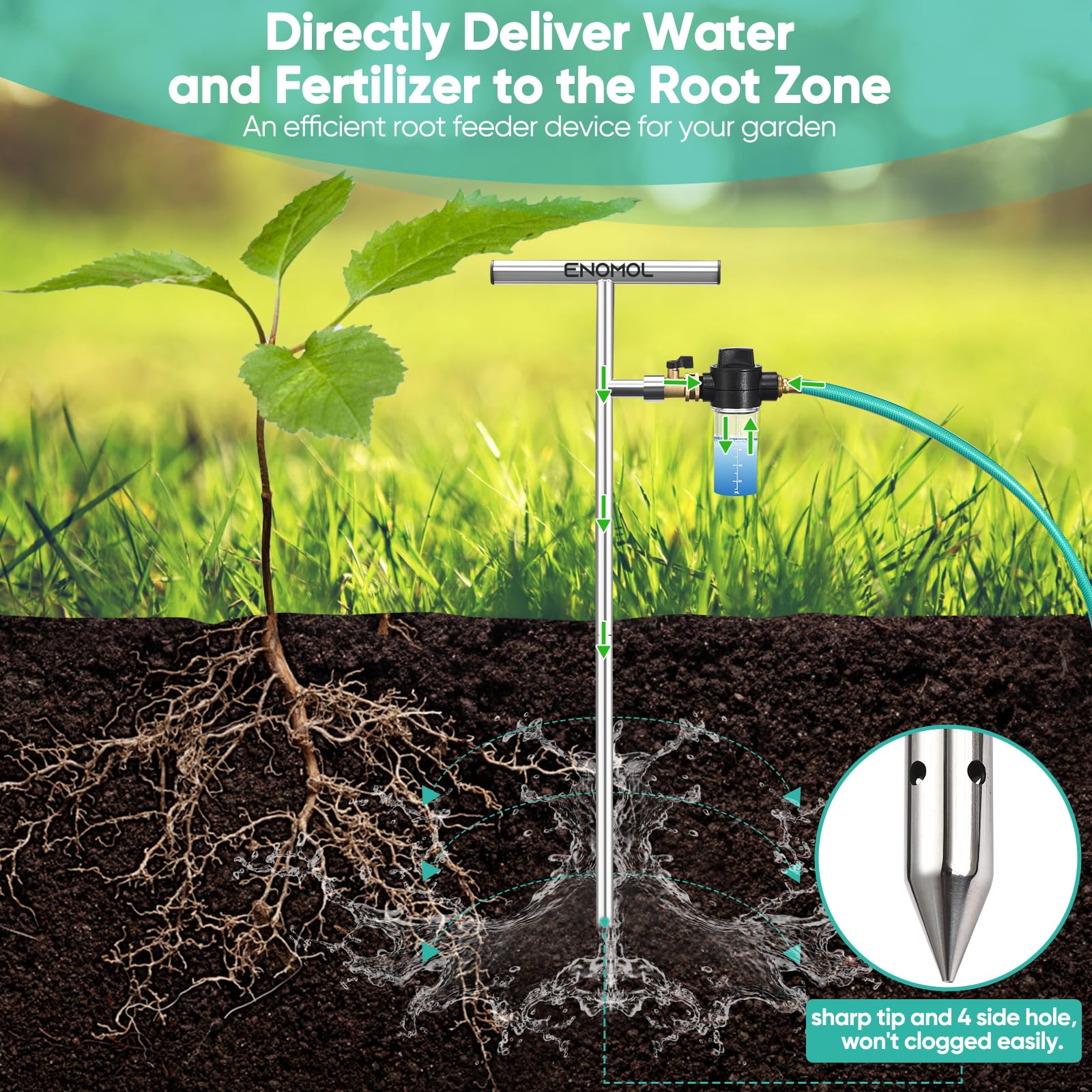 enomol watering wand with brass valve and T-handle for easy operation.