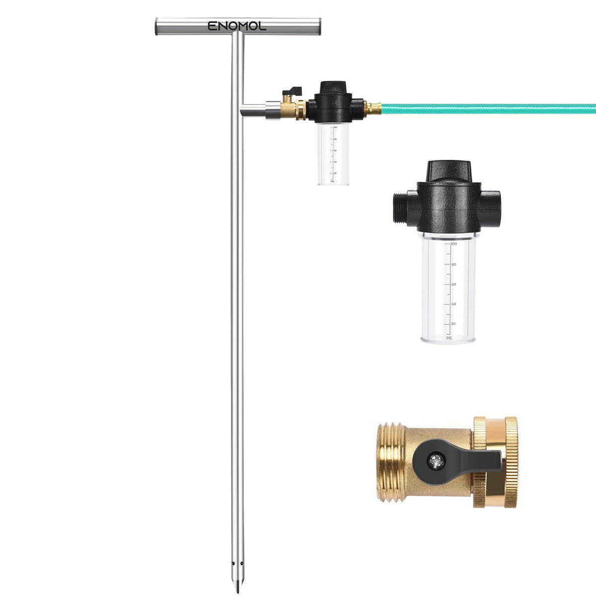 enomol stainless steel deep root watering tool with four exit holes for efficient irrigation.
