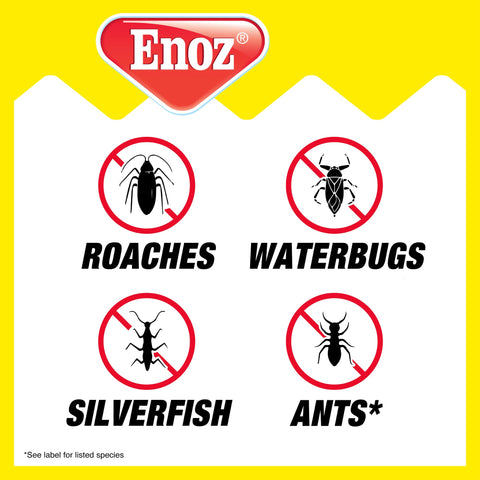 Sprinkling Enoz Roach Away powder in a kitchen corner