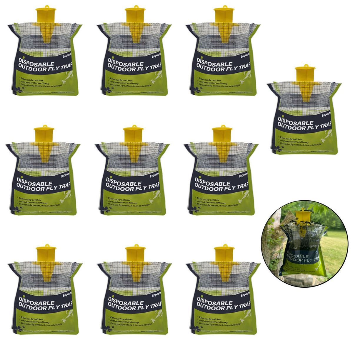 Enposmre 10-pack outdoor fly traps hanging in a sunny patio for fly control.