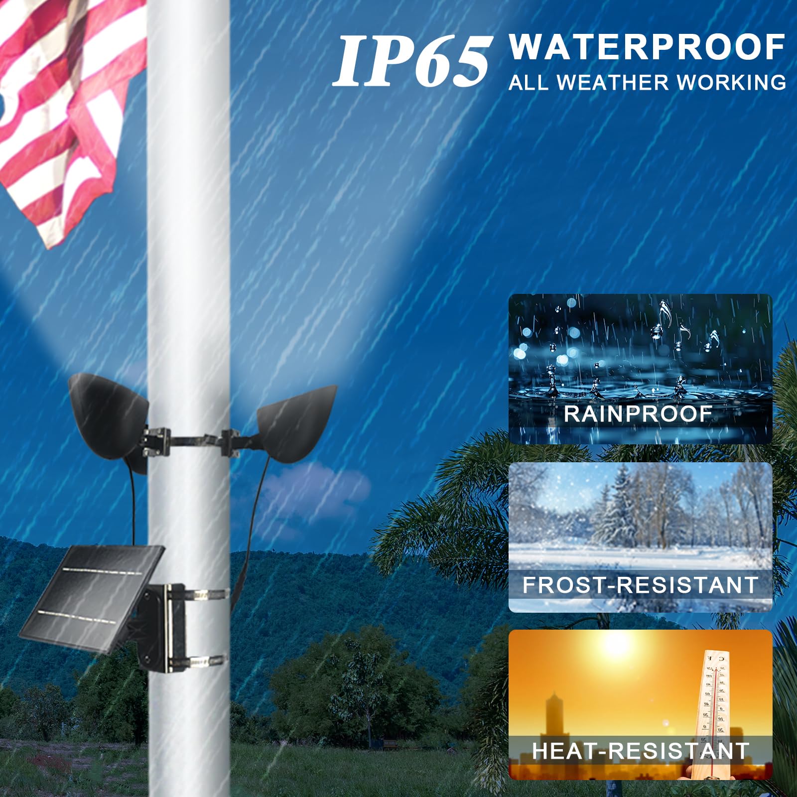 Enrybia flag light installs in 60 seconds on a pole up to 6 inches.