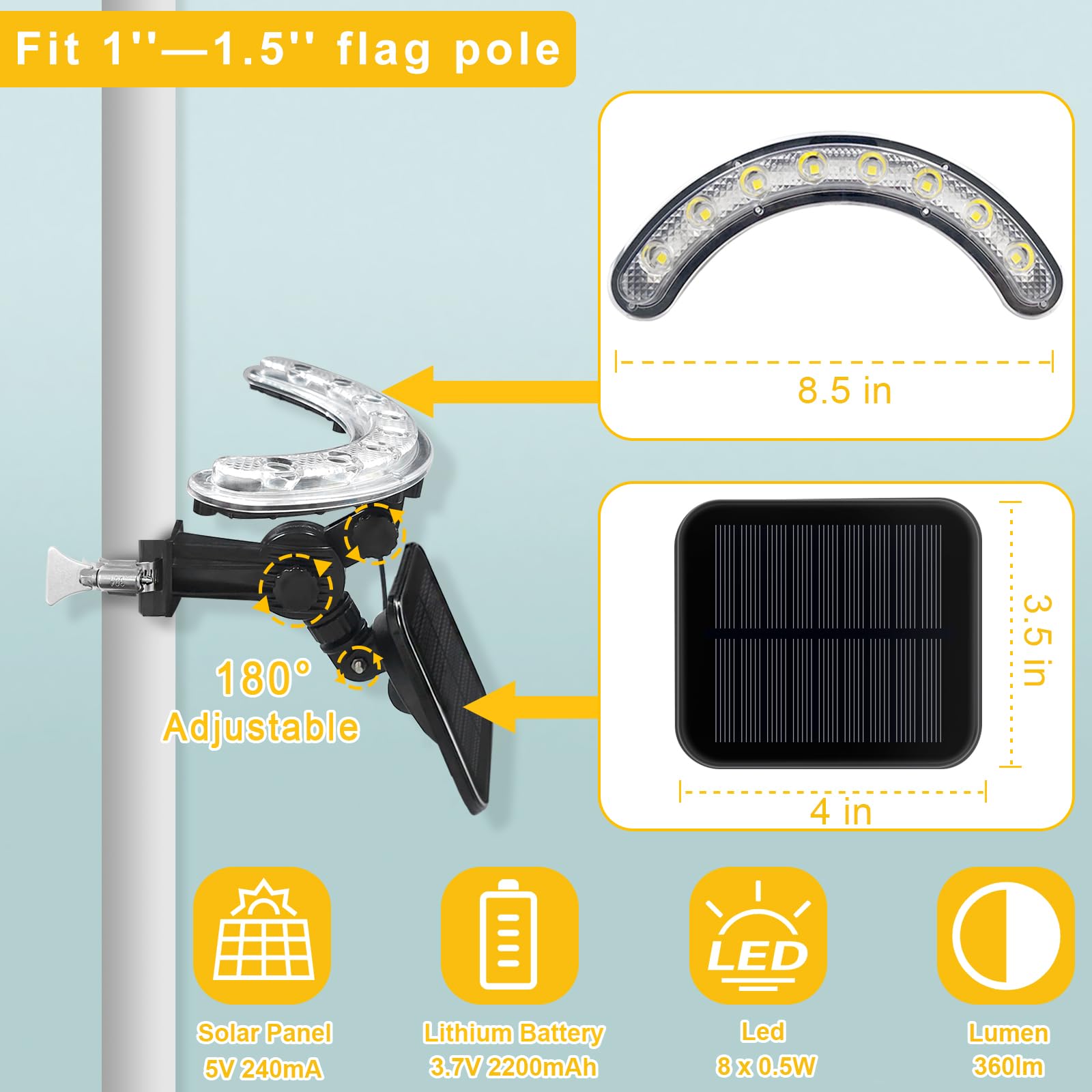 Enrybia flag pole light rotatable head enabling full 360-degree illumination