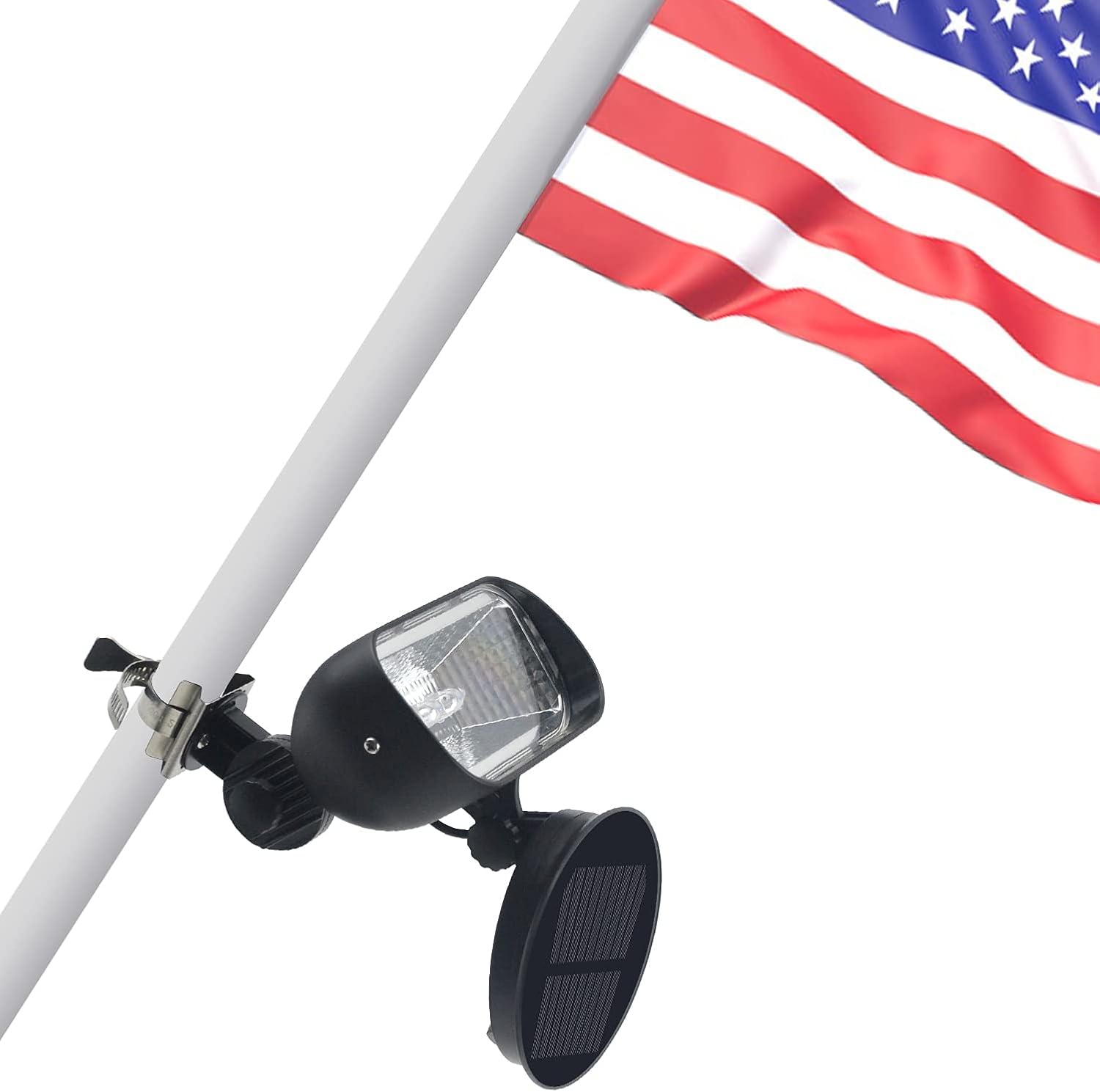 Enrybia solar flag pole light mounted on wall illuminating flag at night