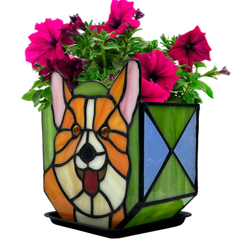 Entlityful Corgi planter in stained glass adding whimsical color to your living room