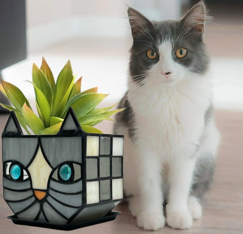 Entlityful Gray Cat Planter angled view shows stained glass craftsmanship
