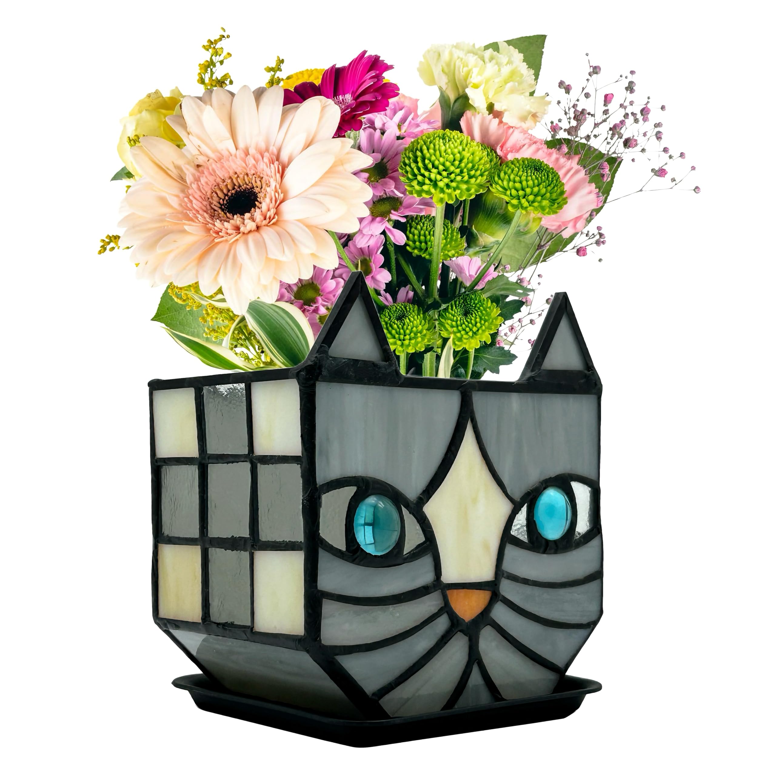 Entlityful Gray Cat Planter face detail enhances playful decor for windowsills