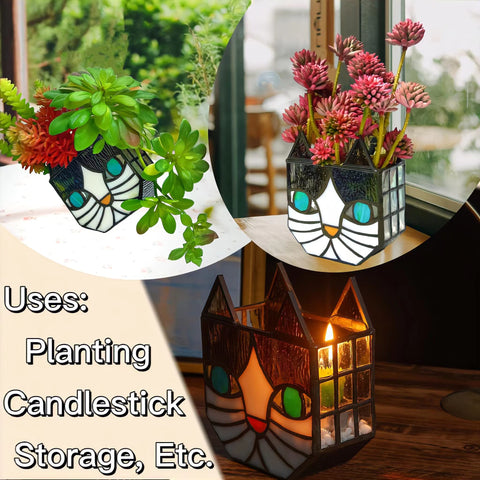 Entlityful handmade stained glass cat planter adds whimsical decor