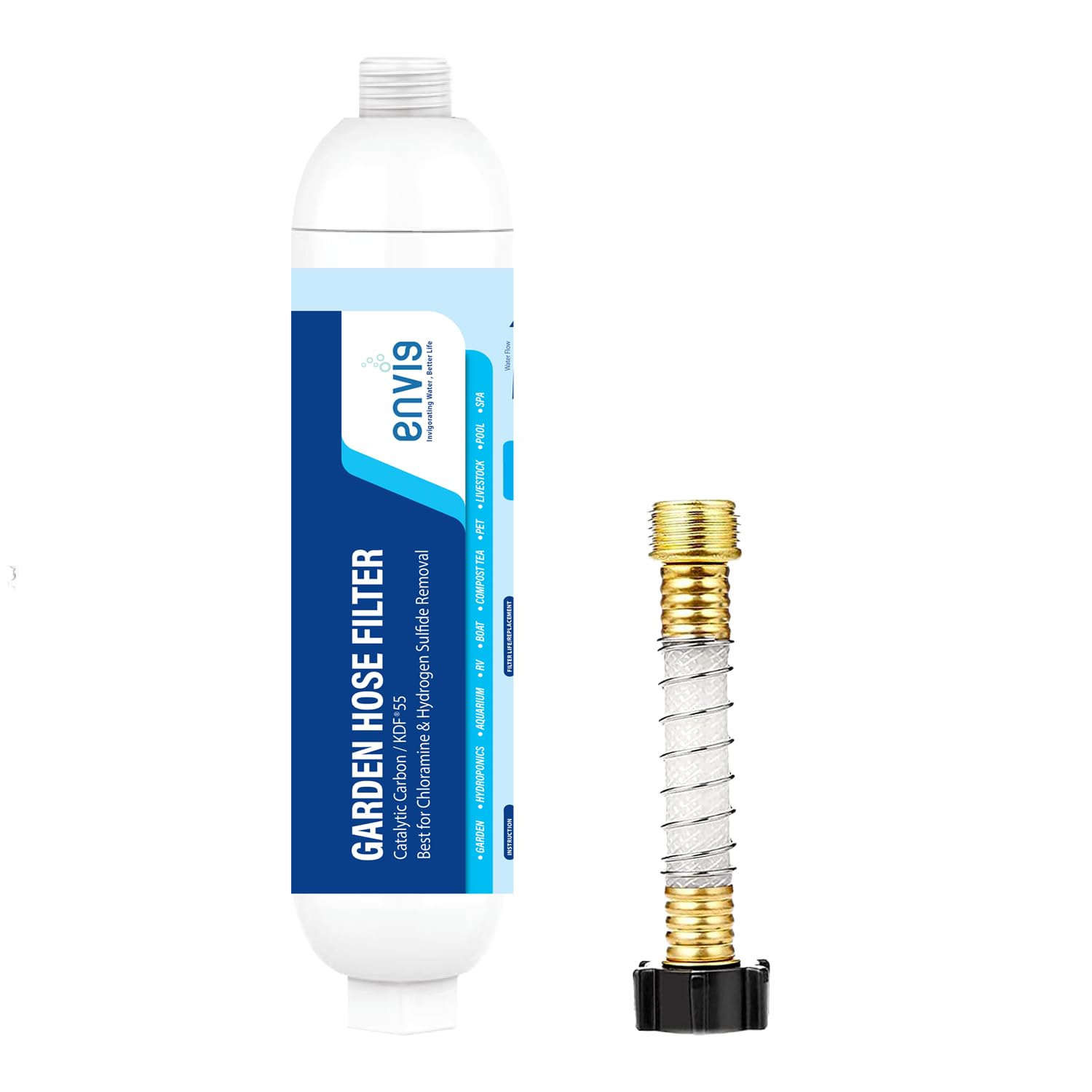 Envig catalytic carbon KDF inline filter, front view, for cleaner irrigation water.