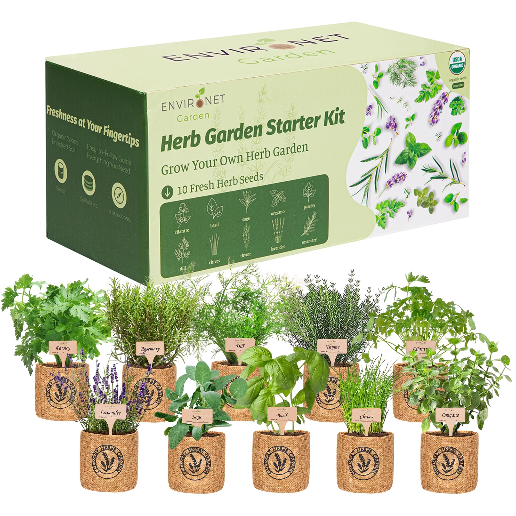Environet 10 Indoor Herb Garden Kit with burlap pots keeps fresh herbs within reach.