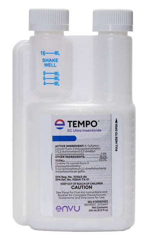 Envu Tempo SC Ultra 240ml bottle ready for application, showcasing fast knockdown and long residual control.