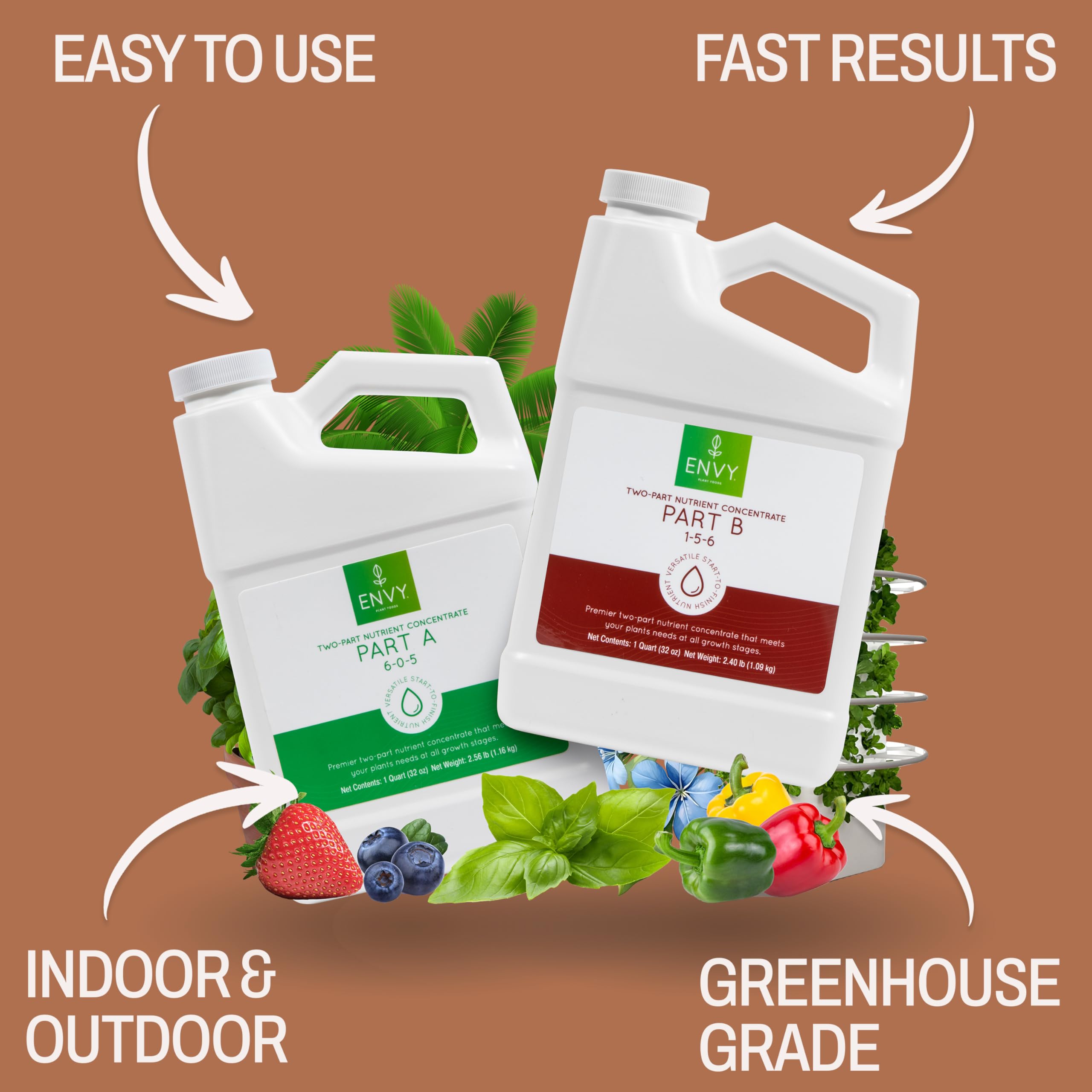ENVY Hydroponic Plant Food A & B bottle label highlights a complete two-part nutrient system.