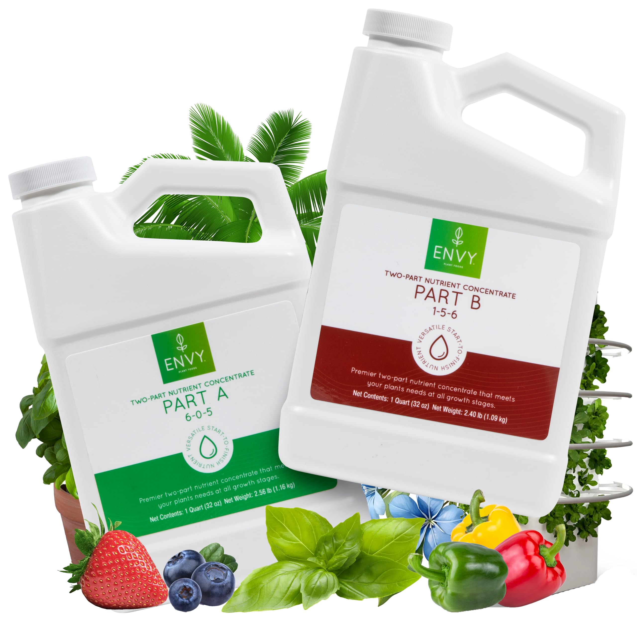 ENVY Hydroponic Plant Food A & B bottle pour for precise dosing supports steady vegetative growth.