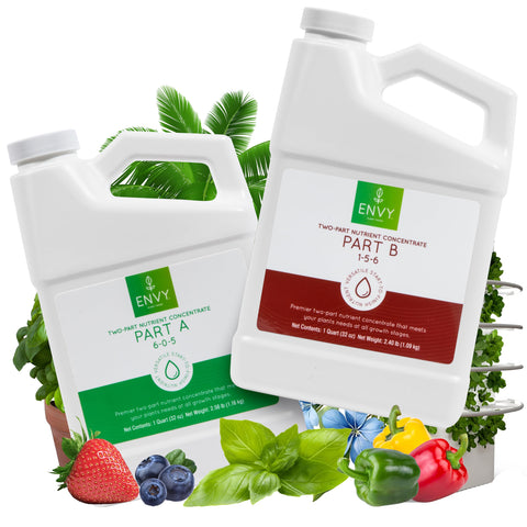 ENVY Hydroponic Plant Food A & B bottle pour for precise dosing supports steady vegetative growth.