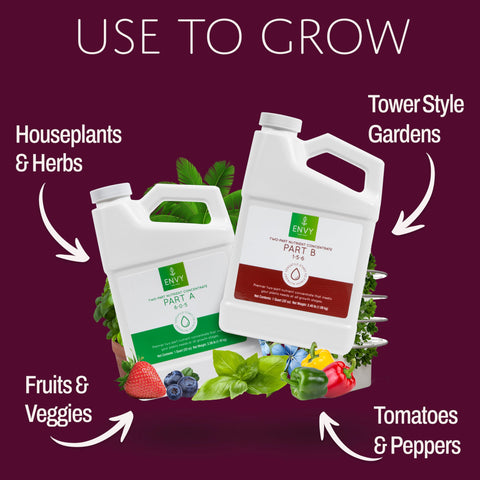 ENVY Hydroponic Plant Food A & B calcium emphasis for stronger stems and resilience.
