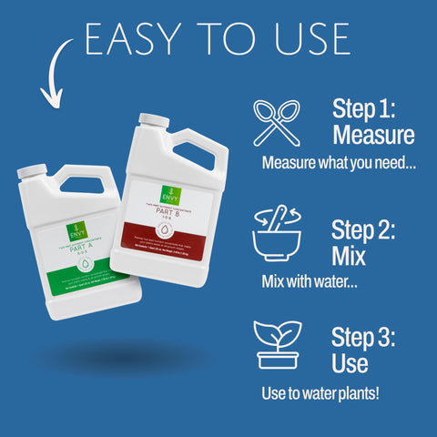 ENVY Hydroponic Plant Food A & B NPK profile with chelated micronutrients improves uptake.